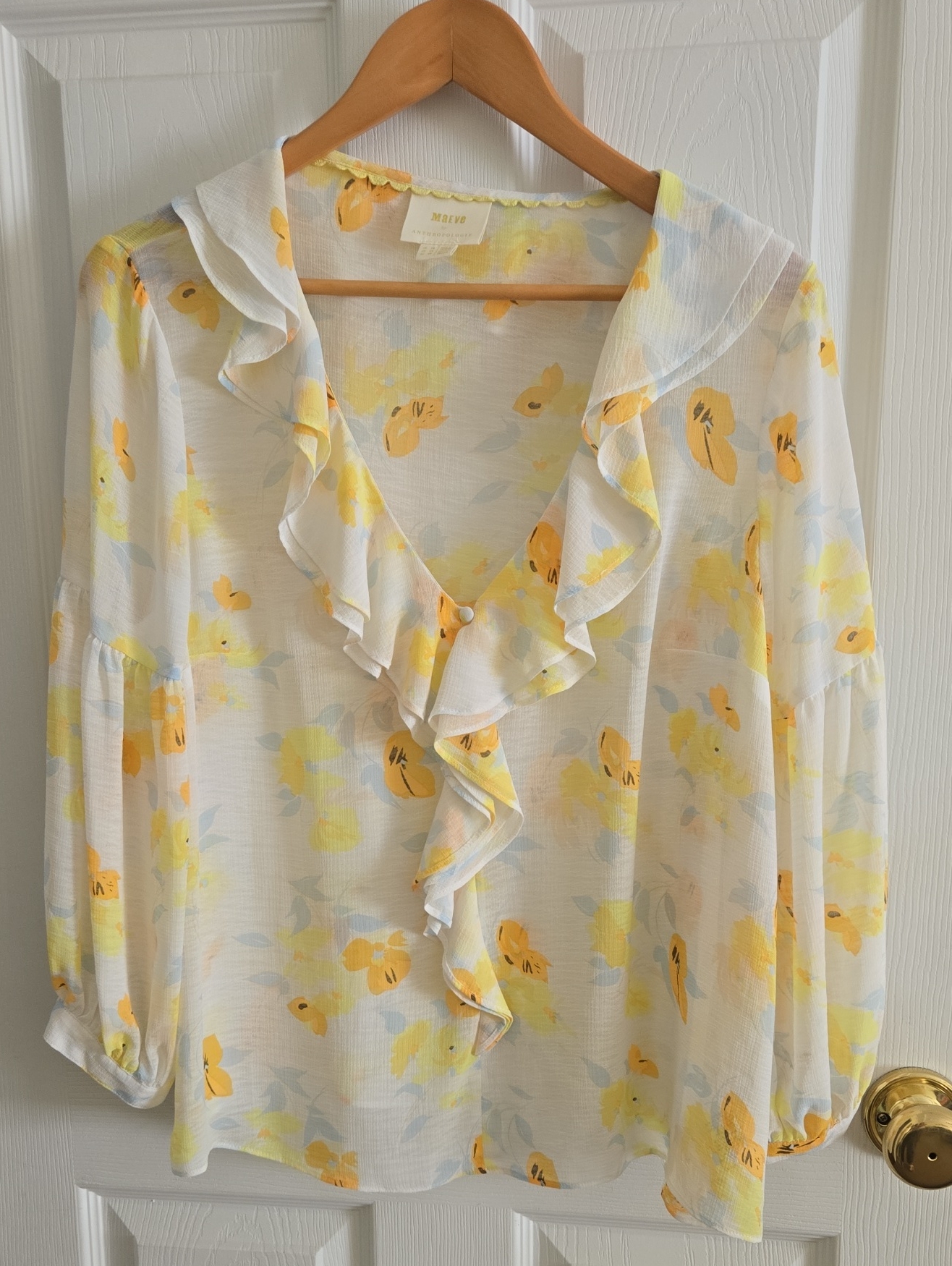 Euc Anthropologie White Sheer Blouse With Yellow Floral Ruffle V-Neck